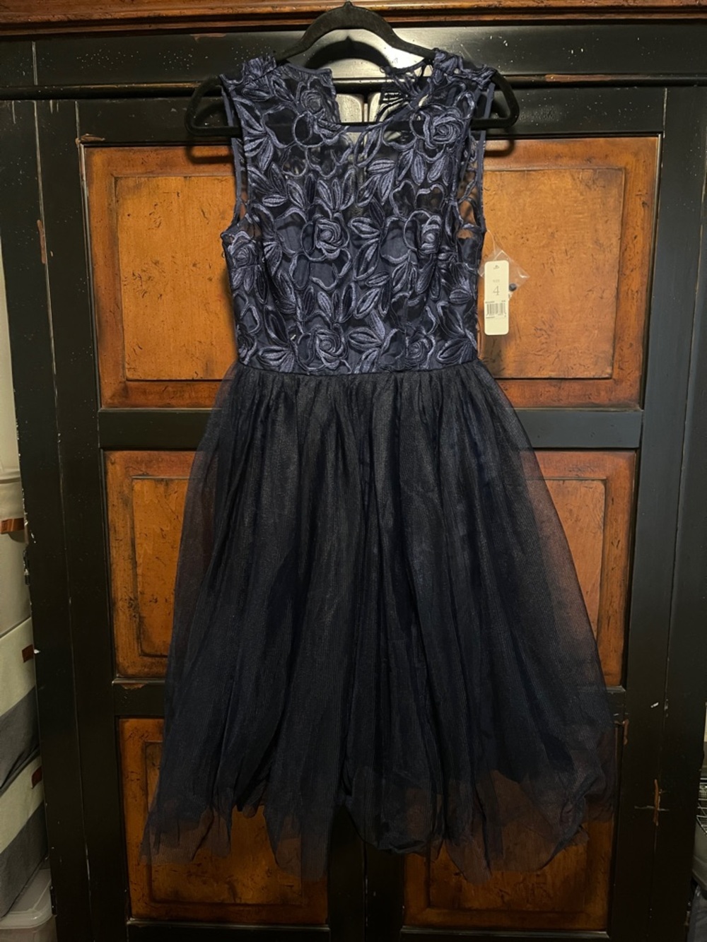 Donna Morgan Navy Floral Appliqué Tulle Dress
